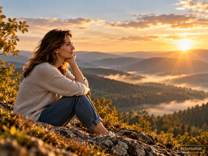 Frau in legerer Kleidung blickt nachdenklich über eine neblige Mittelgebirgslandschaft im warmen Abendlicht.