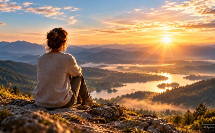 Frau blickt im warmen Morgenlicht über eine weite Berglandschaft – Symbol für Orientierung, neue Perspektiven und persönliche Entwicklung.